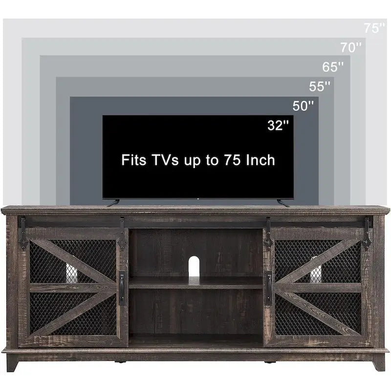 TV-Schrank im Landhausstil mit Schiebetür im Scheunenstil und Gittertüren, 66 Zoll, antikweiß, Eiche