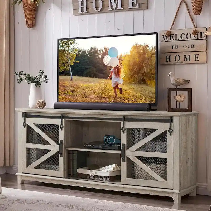 TV-Schrank im Landhausstil mit Schiebetür im Scheunenstil und Gittertüren, 66 Zoll, antikweiß, Eiche