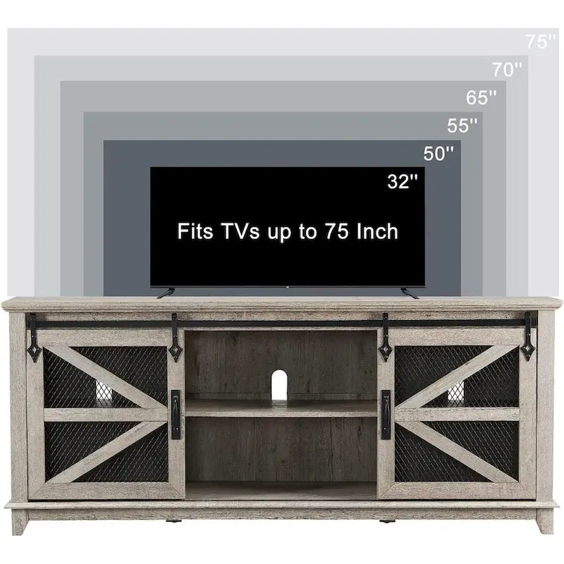 TV-Schrank im Landhausstil mit Schiebetür im Scheunenstil und Gittertüren, 66 Zoll, antikweiß, Eiche