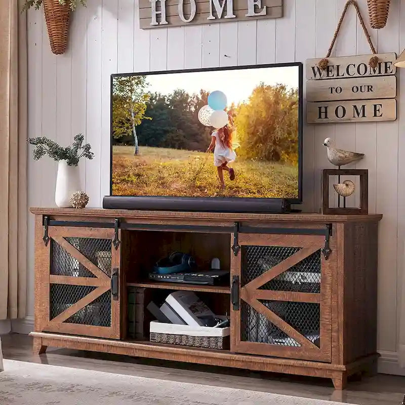 TV-Schrank im Landhausstil mit Schiebetür im Scheunenstil und Gittertüren, 66 Zoll, antikweiß, Eiche