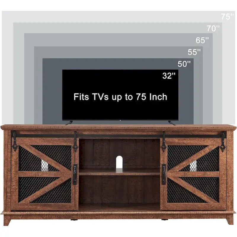 TV-Schrank im Landhausstil mit Schiebetür im Scheunenstil und Gittertüren, 66 Zoll, antikweiß, Eiche