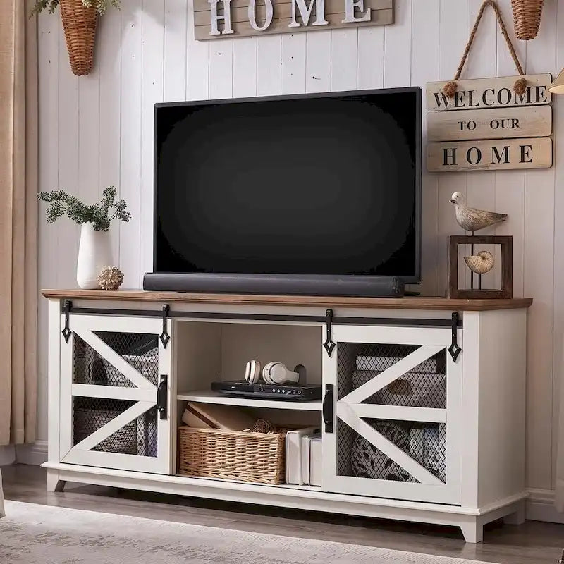 TV-Schrank im Landhausstil mit Schiebetür im Scheunenstil und Gittertüren, 66 Zoll, antikweiß, Eiche