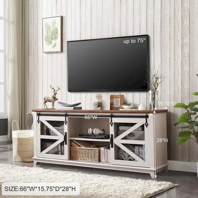TV-Schrank im Landhausstil mit Schiebetür im Scheunenstil und Gittertüren, 66 Zoll, antikweiß, Eiche