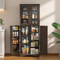 64 Inch Tall Pantry Cabinet Acrylic Glass Doors Adjustable Shelves Door Racks Dark Brown White