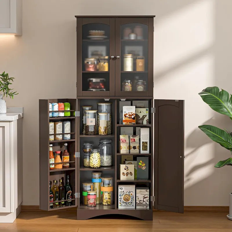 64 Inch Tall Pantry Cabinet Acrylic Glass Doors Adjustable Shelves Door Racks Dark Brown White
