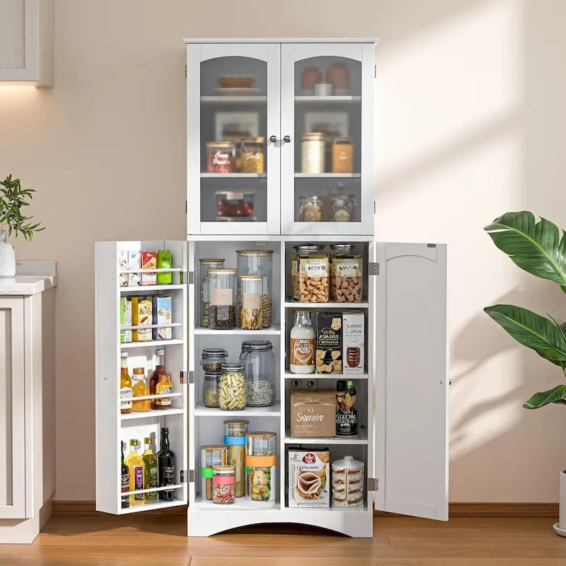 64 Inch Tall Pantry Cabinet Acrylic Glass Doors Adjustable Shelves Door Racks Dark Brown White