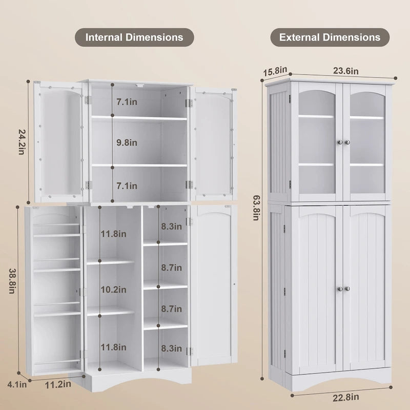 64 Inch Tall Pantry Cabinet Acrylic Glass Doors Adjustable Shelves Door Racks Dark Brown White