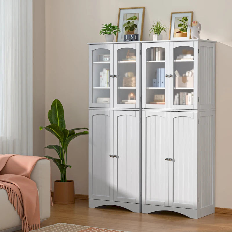 64 Inch Tall Pantry Cabinet Acrylic Glass Doors Adjustable Shelves Door Racks Dark Brown White