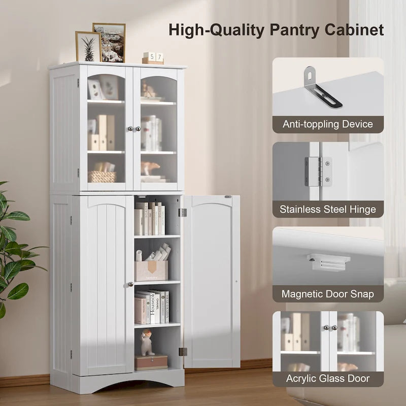64 Inch Tall Pantry Cabinet Acrylic Glass Doors Adjustable Shelves Door Racks Dark Brown White