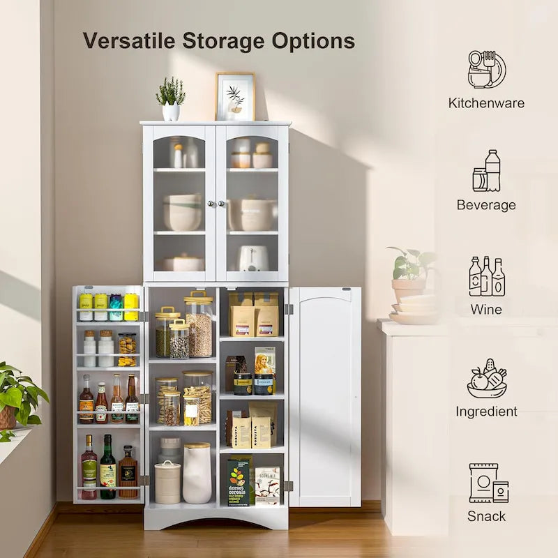 64 Inch Tall Pantry Cabinet Acrylic Glass Doors Adjustable Shelves Door Racks Dark Brown White