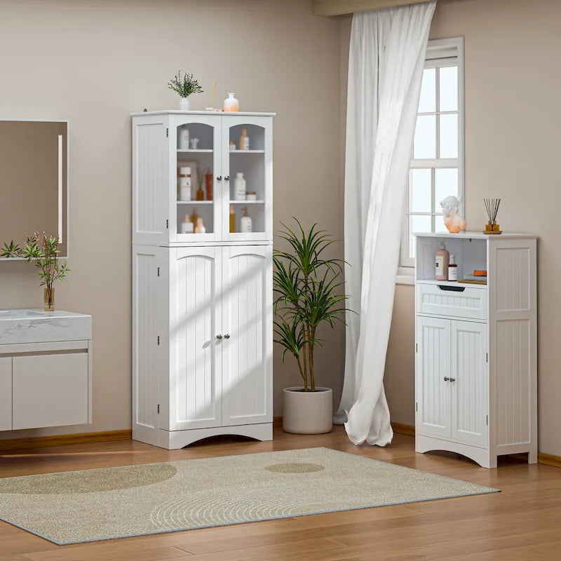 64 Inch Tall Pantry Cabinet Acrylic Glass Doors Adjustable Shelves Door Racks Dark Brown White