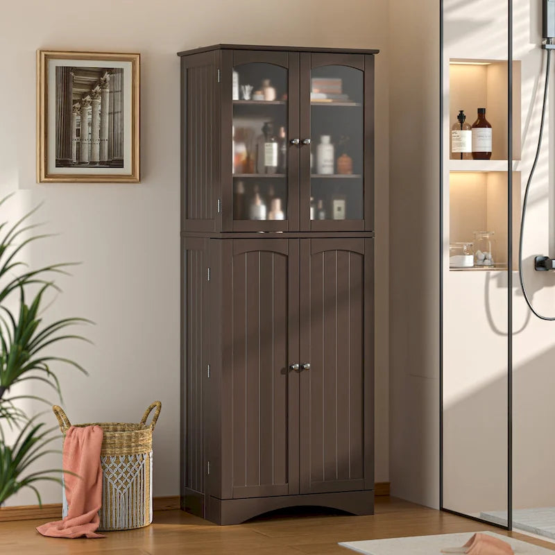 64 Inch Tall Pantry Cabinet Acrylic Glass Doors Adjustable Shelves Door Racks Dark Brown White