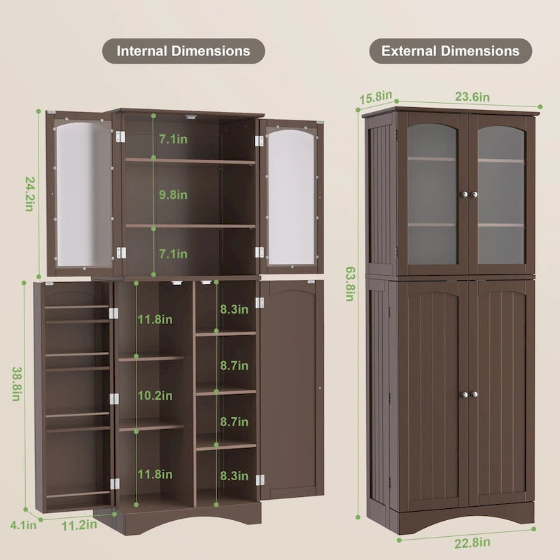 64 Inch Tall Pantry Cabinet Acrylic Glass Doors Adjustable Shelves Door Racks Dark Brown White