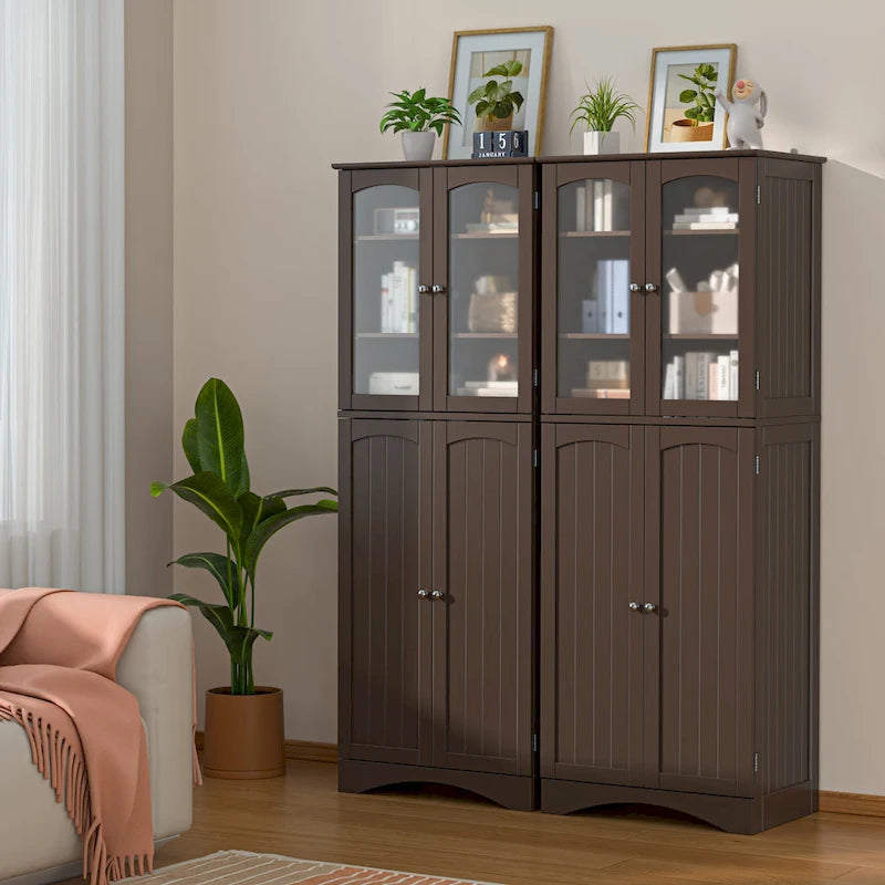 64 Inch Tall Pantry Cabinet Acrylic Glass Doors Adjustable Shelves Door Racks Dark Brown White