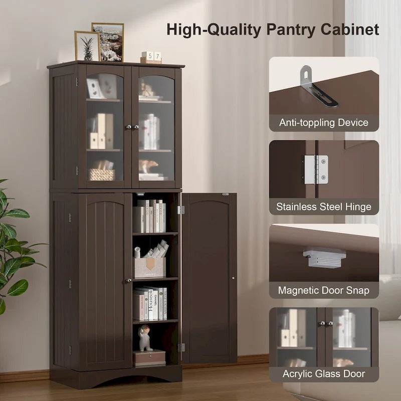 64 Inch Tall Pantry Cabinet Acrylic Glass Doors Adjustable Shelves Door Racks Dark Brown White