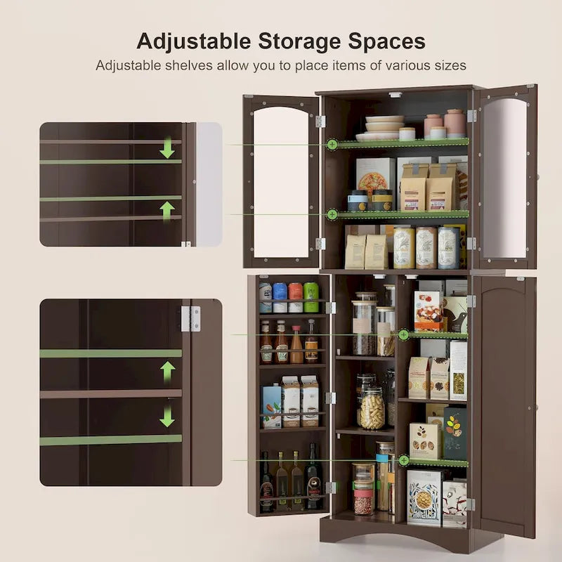64 Inch Tall Pantry Cabinet Acrylic Glass Doors Adjustable Shelves Door Racks Dark Brown White