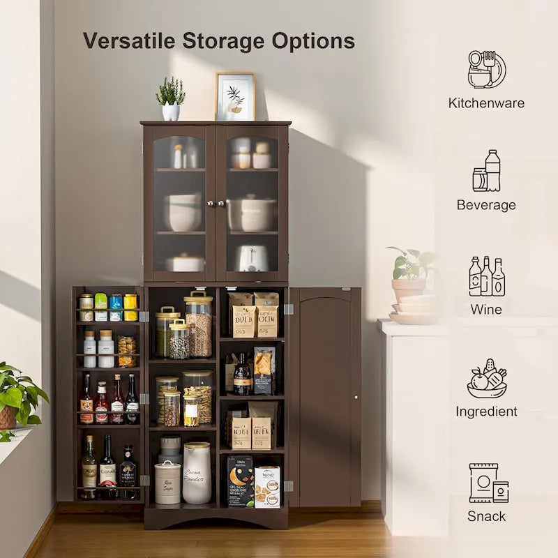 64 Inch Tall Pantry Cabinet Acrylic Glass Doors Adjustable Shelves Door Racks Dark Brown White