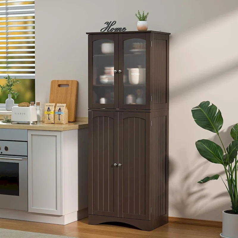 64 Inch Tall Pantry Cabinet Acrylic Glass Doors Adjustable Shelves Door Racks Dark Brown White