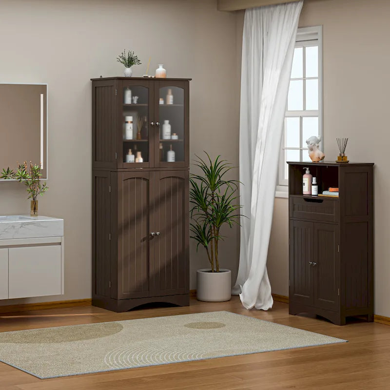 64 Inch Tall Pantry Cabinet Acrylic Glass Doors Adjustable Shelves Door Racks Dark Brown White