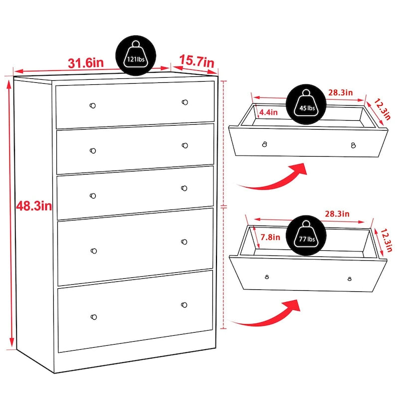 VEIKOUS 31.5W 5-Drawer Chest of Dresser Storage Clothes Organizer for Bedroom