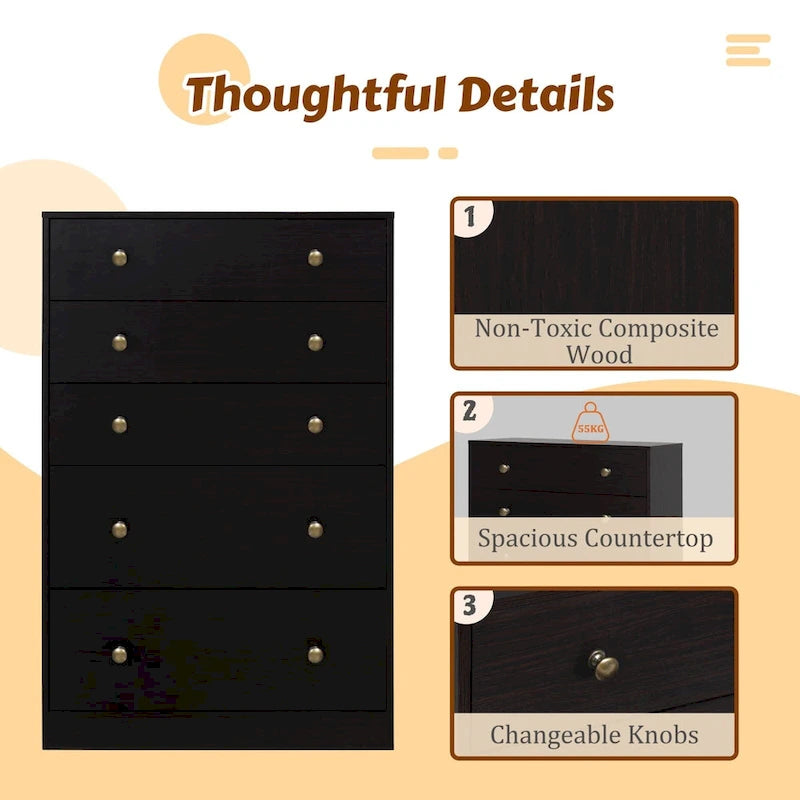 5-Drawer Bedroom Dresser Chest Clothes Organizer Eco Wood Natural Espresso Black White