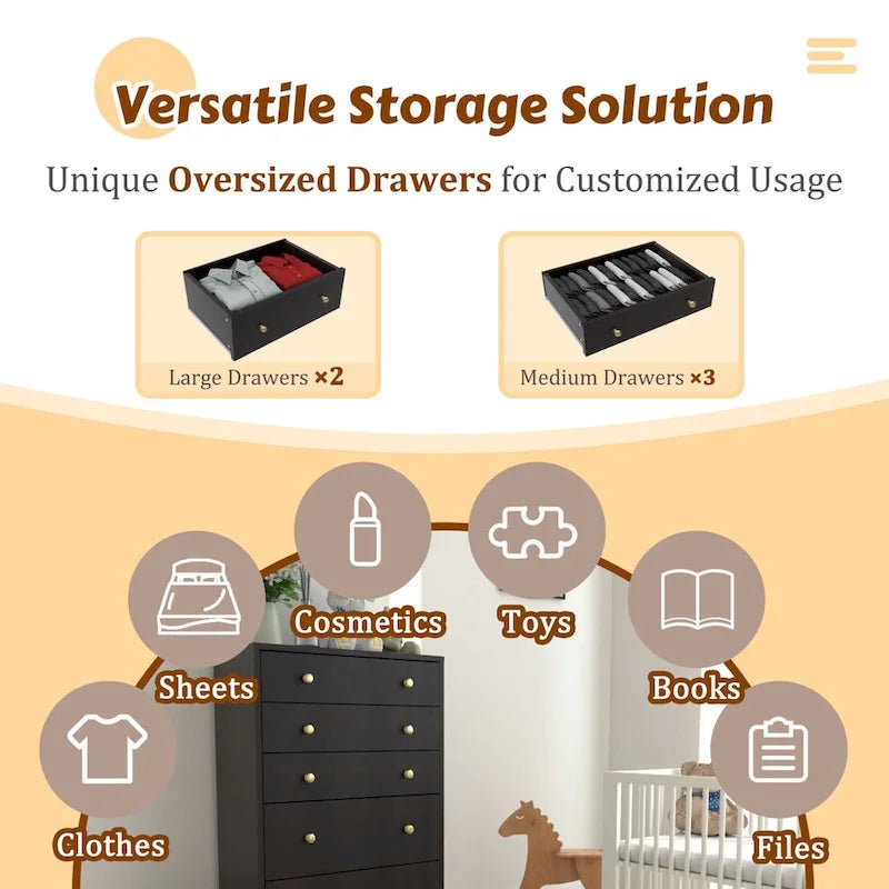 5-Drawer Bedroom Dresser Chest Clothes Organizer Eco Wood Natural Espresso Black White