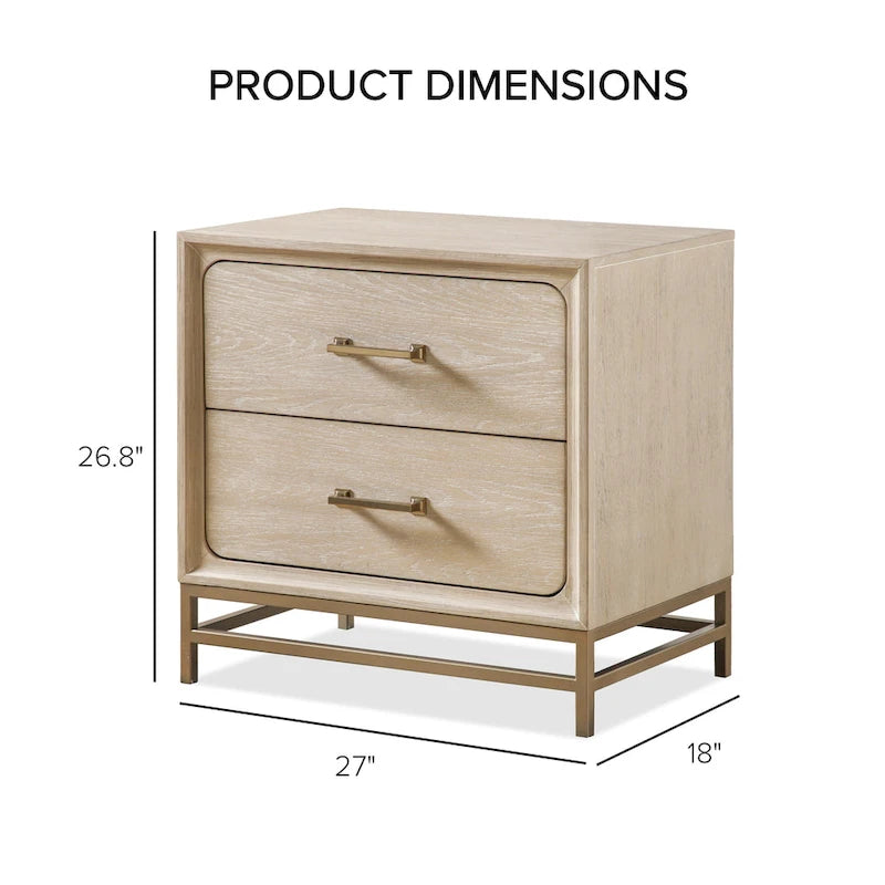 Solid Wood 2-Drawer Nightstand Set of 2 Dovetail Gold Metal Base Light Oak