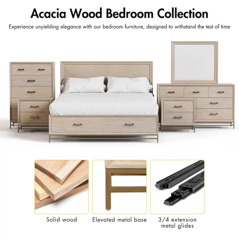 Solid Wood 2-Drawer Nightstand Set of 2 Dovetail Gold Metal Base Light Oak