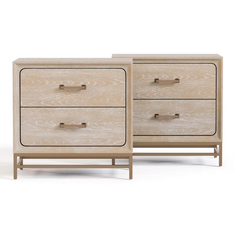 Solid Wood 2-Drawer Nightstand Set of 2 Dovetail Gold Metal Base Light Oak