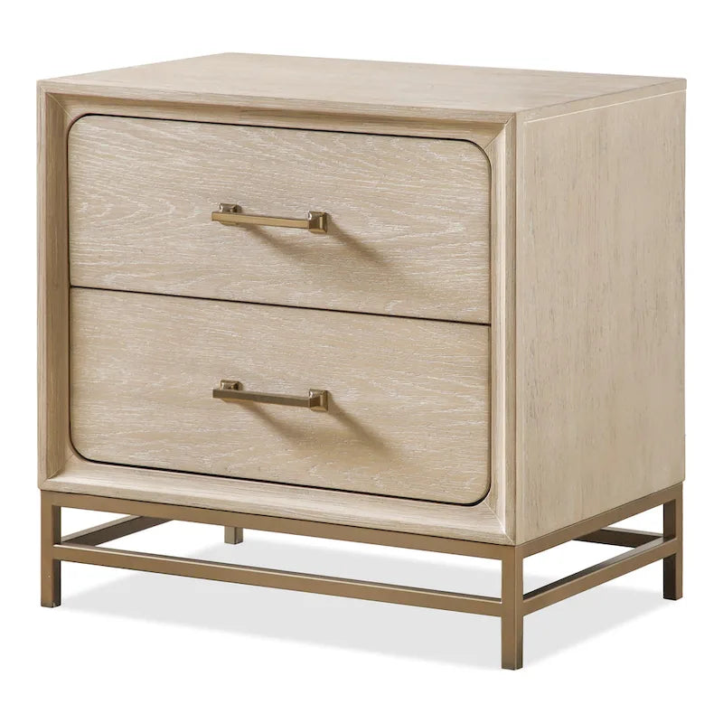 Solid Wood 2-Drawer Nightstand Set of 2 Dovetail Gold Metal Base Light Oak