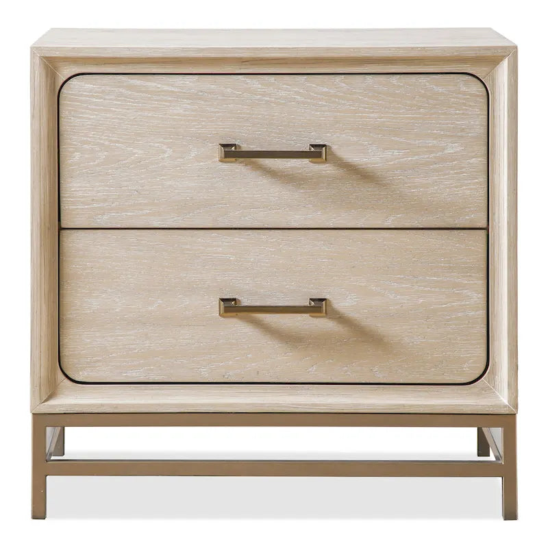 Solid Wood 2-Drawer Nightstand Set of 2 Dovetail Gold Metal Base Light Oak