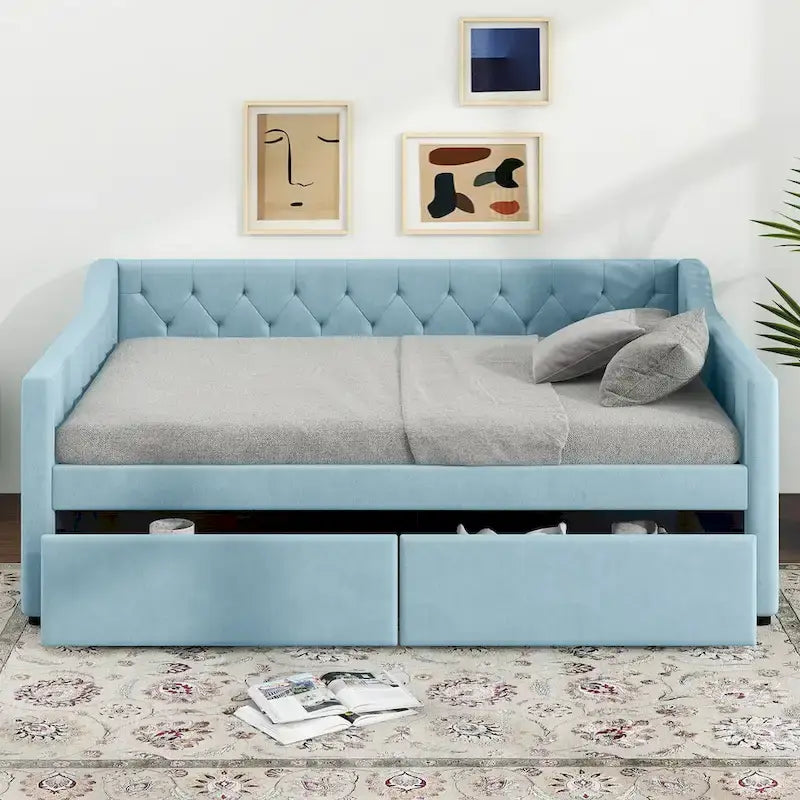 Full Size Velvet Button Tufted Daybed 2 Drawers Sofa Bed Wood Frame Blue