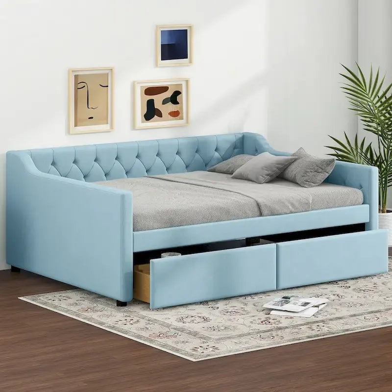 Full Size Velvet Button Tufted Daybed 2 Drawers Sofa Bed Wood Frame Blue