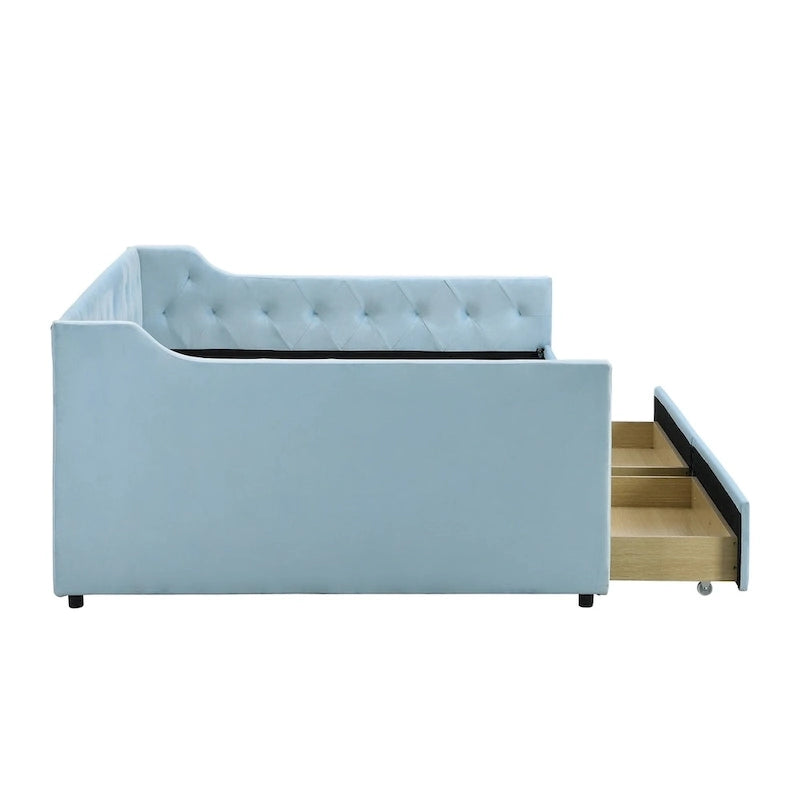 Full Size Velvet Button Tufted Daybed 2 Drawers Sofa Bed Wood Frame Blue