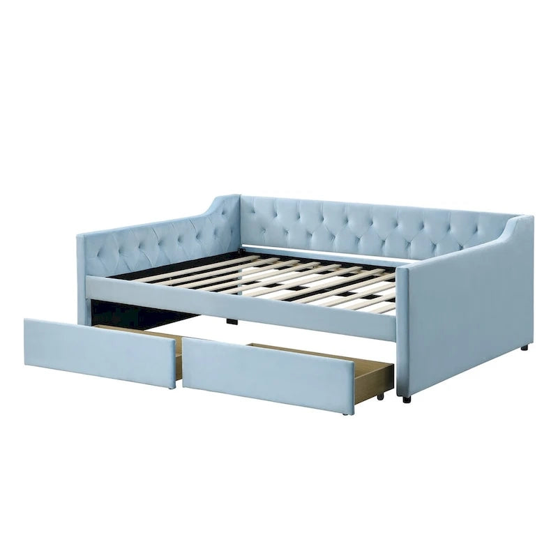 Full Size Velvet Button Tufted Daybed 2 Drawers Sofa Bed Wood Frame Blue
