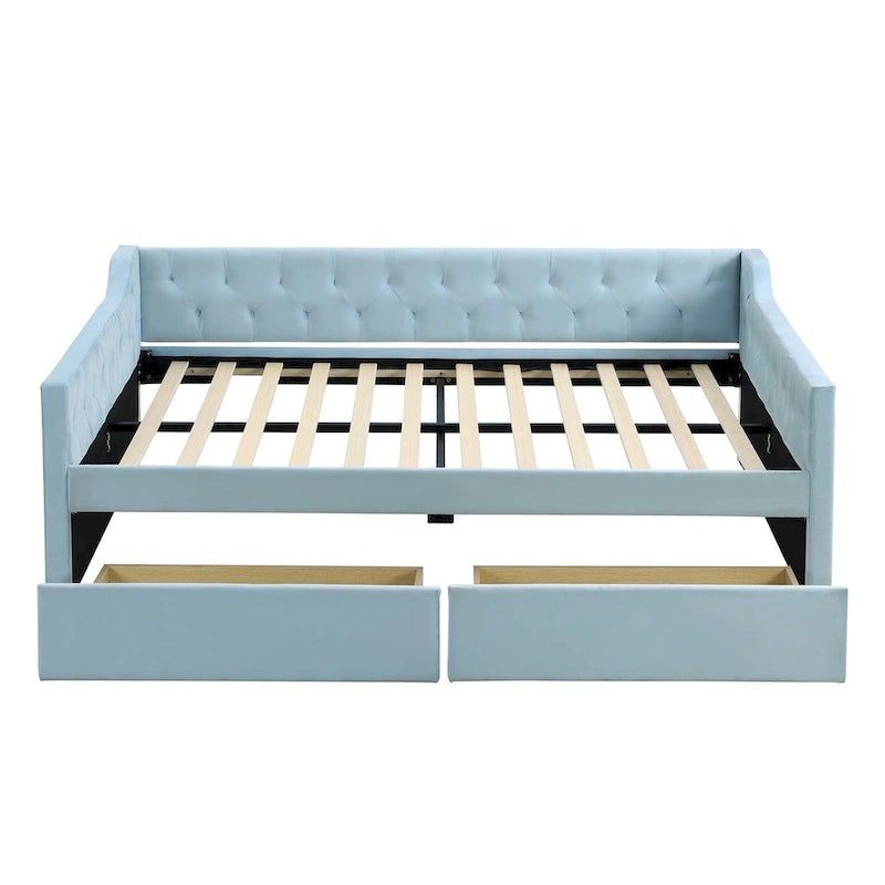 Full Size Velvet Button Tufted Daybed 2 Drawers Sofa Bed Wood Frame Blue