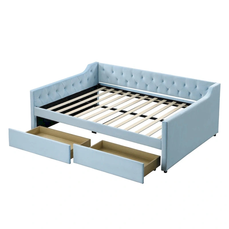 Full Size Velvet Button Tufted Daybed 2 Drawers Sofa Bed Wood Frame Blue