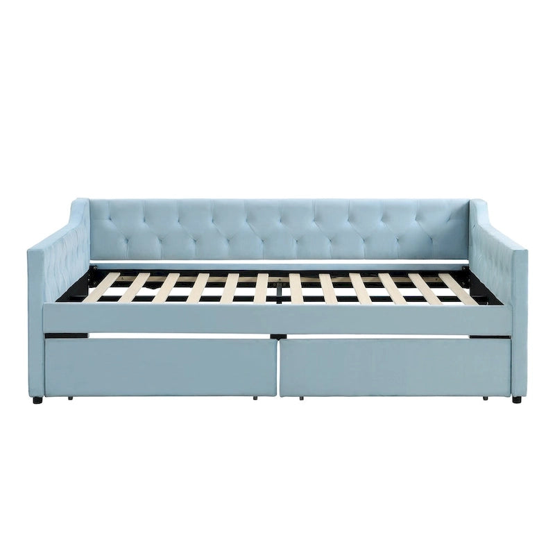 Full Size Velvet Button Tufted Daybed 2 Drawers Sofa Bed Wood Frame Blue