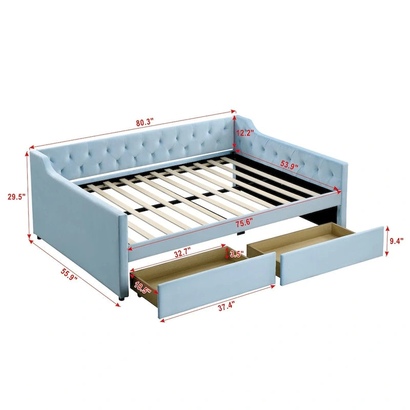 Full Size Velvet Button Tufted Daybed 2 Drawers Sofa Bed Wood Frame Blue