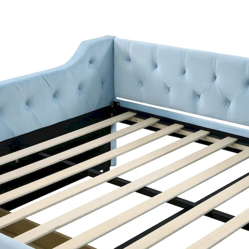 Full Size Velvet Button Tufted Daybed 2 Drawers Sofa Bed Wood Frame Blue