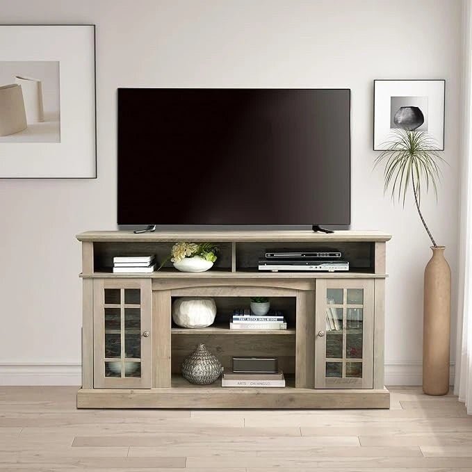 Classic TV Media Stand Glass Door Cabinet Open Shelves 65 Inch Espresso Dark Gray Wash