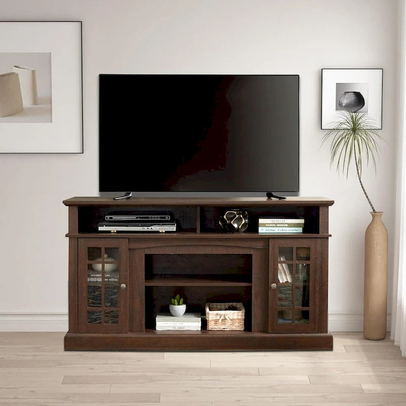 Classic TV Media Stand Glass Door Cabinet Open Shelves 65 Inch Espresso Dark Gray Wash
