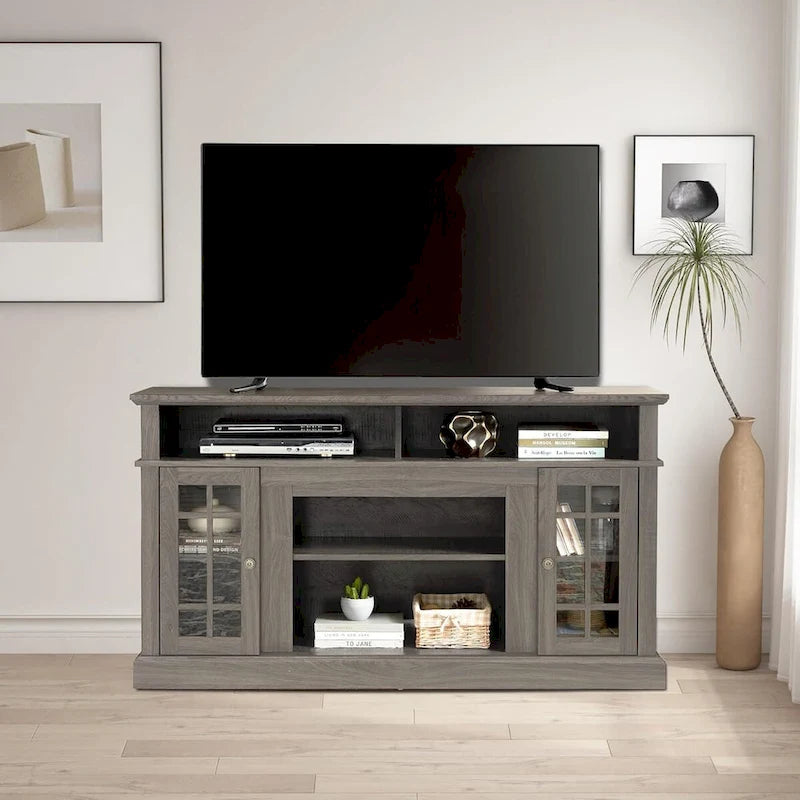 Classic TV Media Stand Glass Door Cabinet Open Shelves 65 Inch Espresso Dark Gray Wash