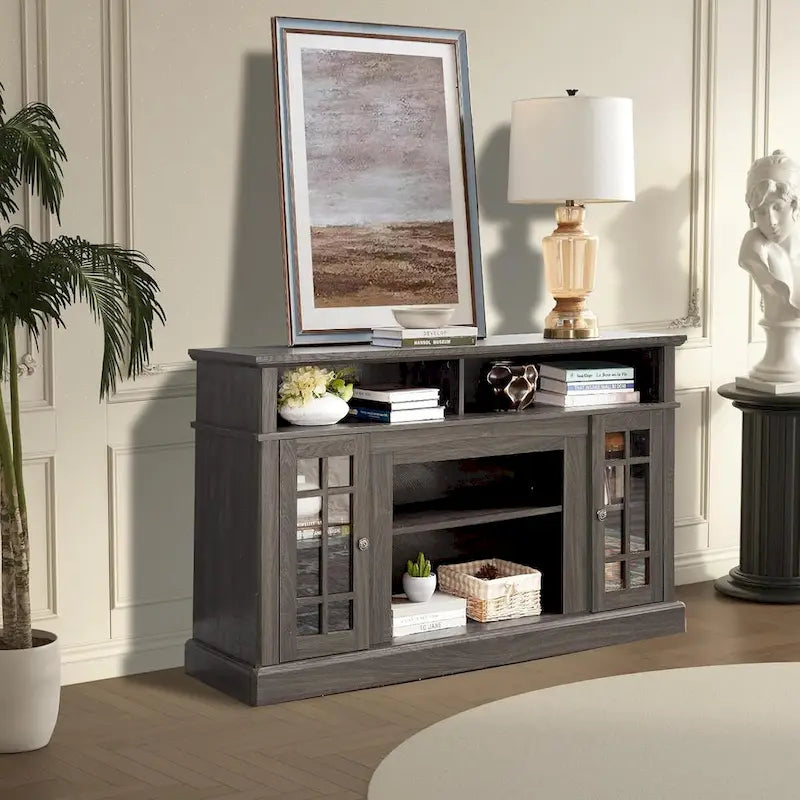 Classic TV Media Stand Glass Door Cabinet Open Shelves 65 Inch Espresso Dark Gray Wash