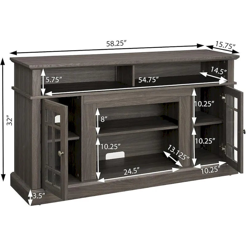 Classic TV Media Stand Glass Door Cabinet Open Shelves 65 Inch Espresso Dark Gray Wash