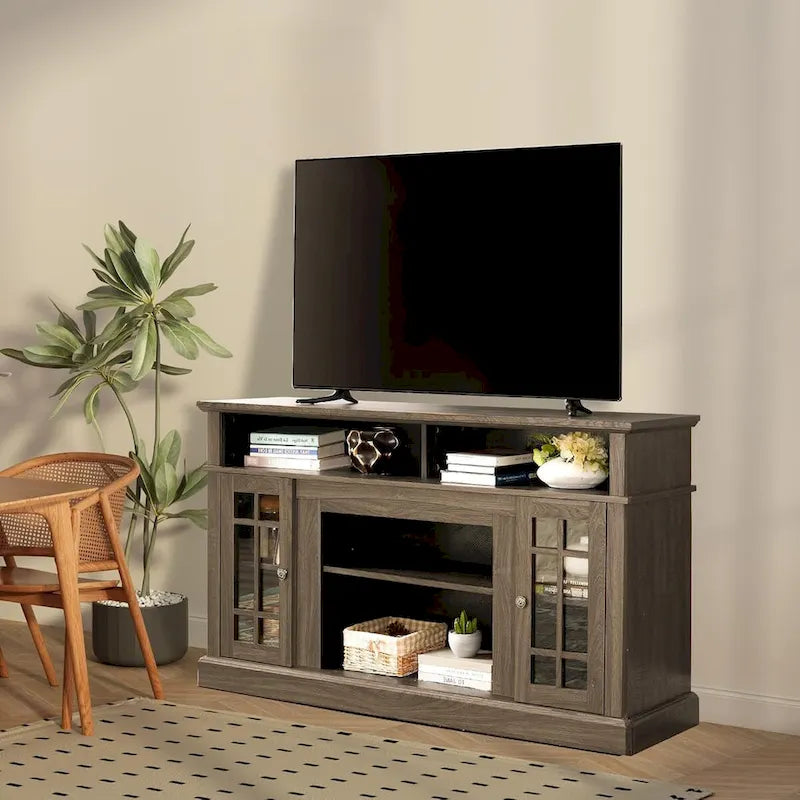 Classic TV Media Stand Glass Door Cabinet Open Shelves 65 Inch Espresso Dark Gray Wash