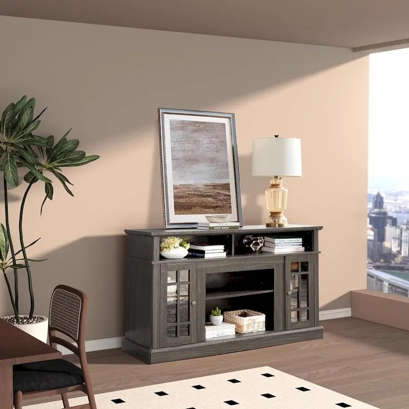 Classic TV Media Stand Glass Door Cabinet Open Shelves 65 Inch Espresso Dark Gray Wash