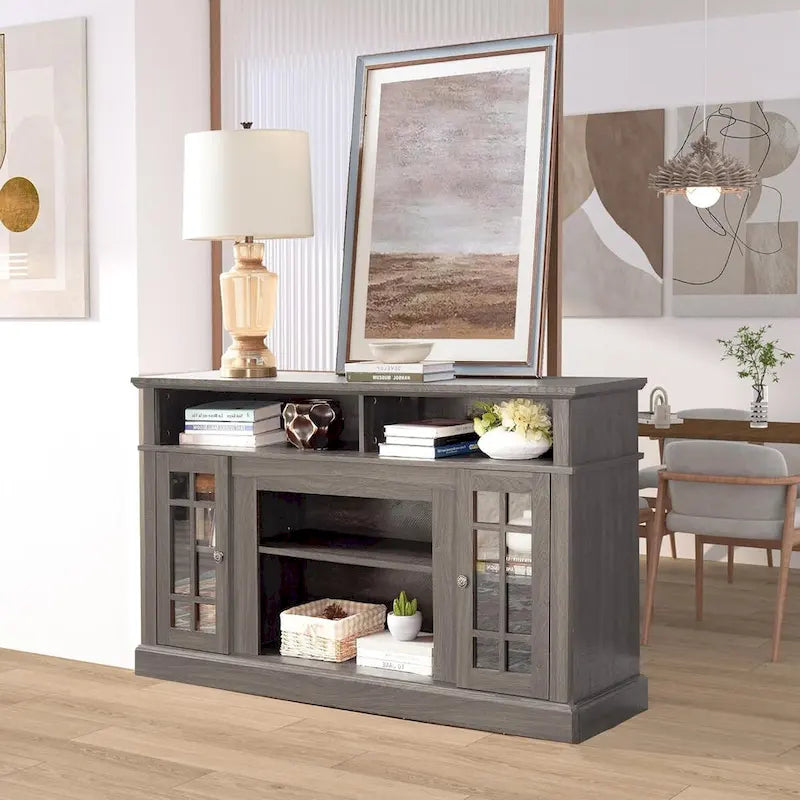 Classic TV Media Stand Glass Door Cabinet Open Shelves 65 Inch Espresso Dark Gray Wash
