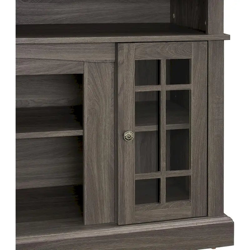Classic TV Media Stand Glass Door Cabinet Open Shelves 65 Inch Espresso Dark Gray Wash