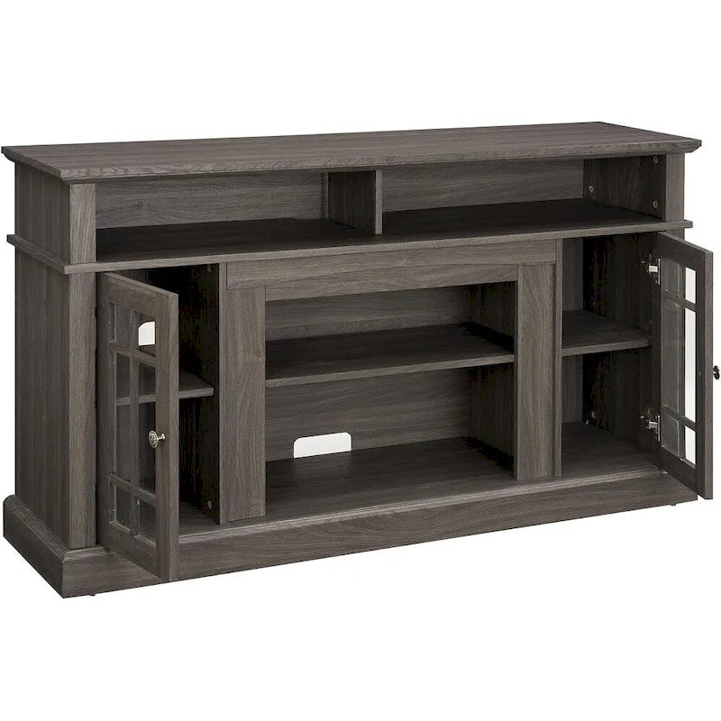 Classic TV Media Stand Glass Door Cabinet Open Shelves 65 Inch Espresso Dark Gray Wash